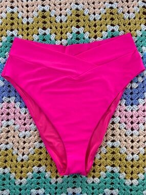 NWT New Aerie High Cut Cheeky Neon Pink Bikini Bottom High Waist Crossover XXL